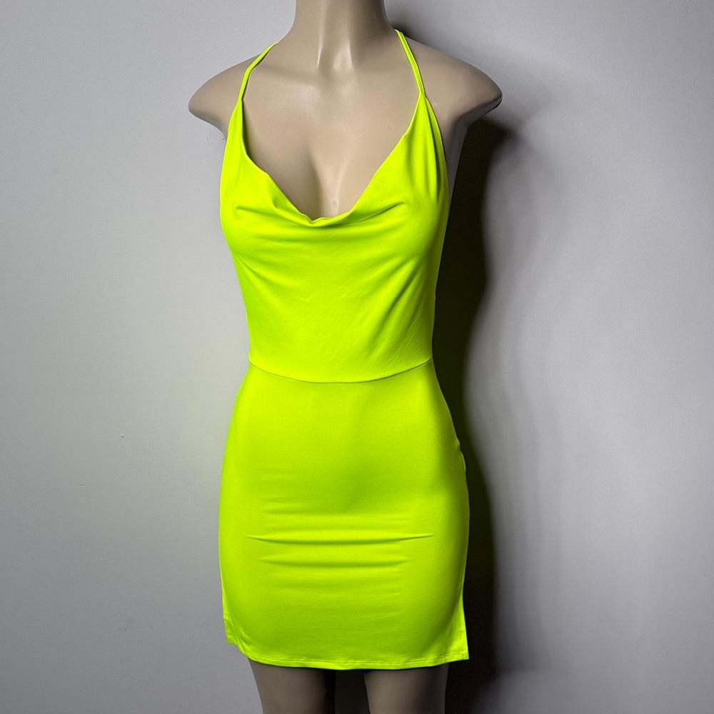 Fashion Nova Neon Lime Cowl Neck Mini Dress